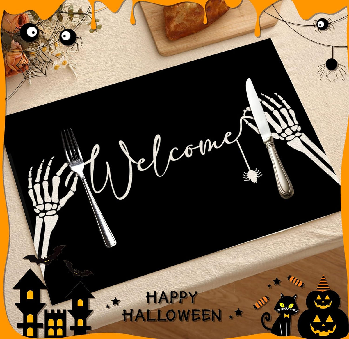 Halloween Skeleton Placemats Set of 4, 12x18 Inch Welcome Decorative Table Mats, Washable Heat Resistant Place Mats for Kitchen Dining Table, Spooky Themed Decoration for Home-B12