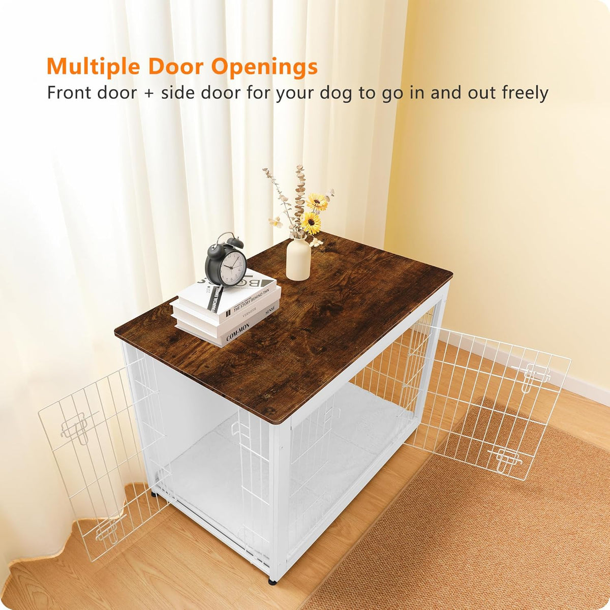 DWANTON Dog Crate Furniture with Cushion, Wooden Kennel Table with Double Doors, Indoor Dog House, Large Size, 38.5" L, White+Rustic Brown