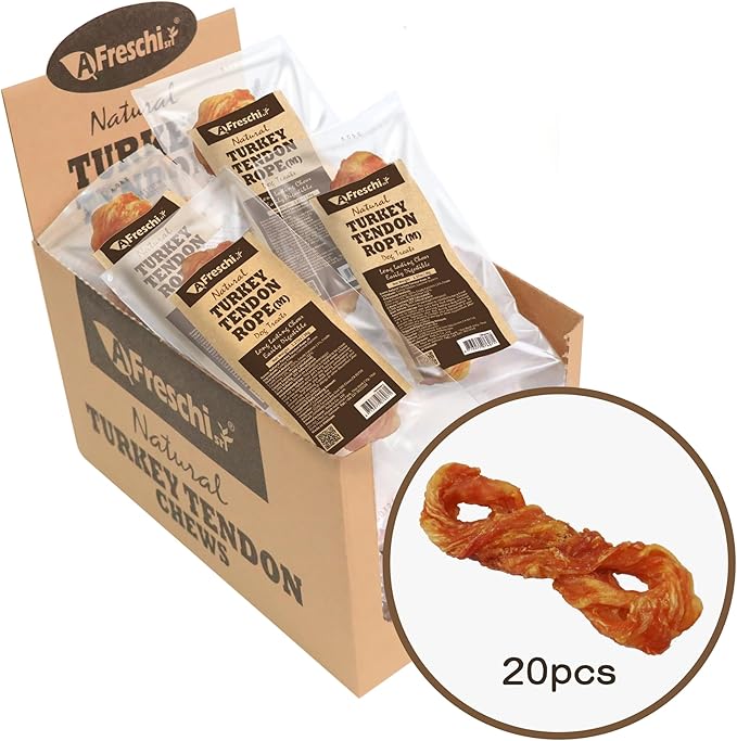 AFreschi Turkey Tendons for Dogs, USA-Sourced, Healthy Dog Treats, Rawhide-Free Puppy Chews, Long Lasting, All Natural, Hypoallergenic Dog Treats for Medium Breeds, 20 Count Box Rope (M)