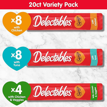 Delectables Squeeze Up Variety Pack, Creamy Squeezable Puree, Lickable Wet Cat Treats, Grain Free, No Added Fillers, No by-Products, No Added Preservatives, 0.5 Ounces Tube, 20 Tubes Total