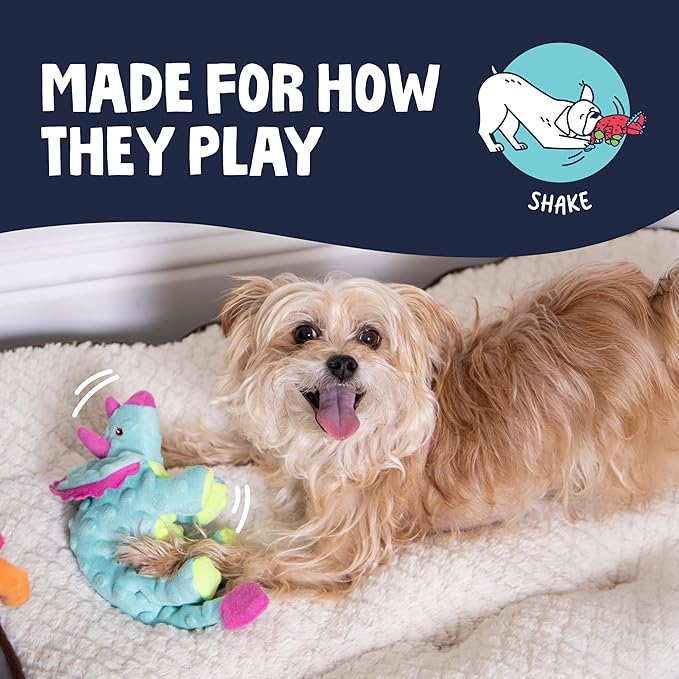 goDog Dinos Frills Squeaky Plush Dog Toy with Chew Guard Technology, Durable Fabric & Squeaker for Active Play, Teal, Small