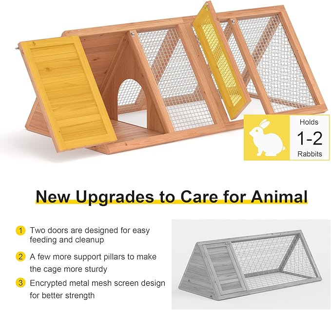 Rabbit Hutch, Small Chicken Coop Outdoor A-Frame Quail Cage with 2 Door & Run Cage Wooden Triangle Quail Hutch with Ventilating Wire Poultry Hutch for Small Animal (Wood)