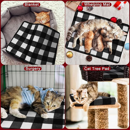 2 Pcs Large Self Warming Cat Pad Self Heating Cat Mat Bed Dog Crate Pet Blankets Thermal Heated Bed Mat for Outdoor Indoor Newborn Kittens Puppies Dog(Black and White Plaid,24 x 18)