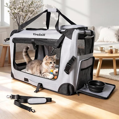 Large Cat Carrier, Foldable Car Travel Dog Crate-Small Dogs | 24" Fits 2 Cats or 1 Small Dog, up to 55 lbs, Soft mat, zipper lock prevents escapes, Foldable Car Travel Pet Crate