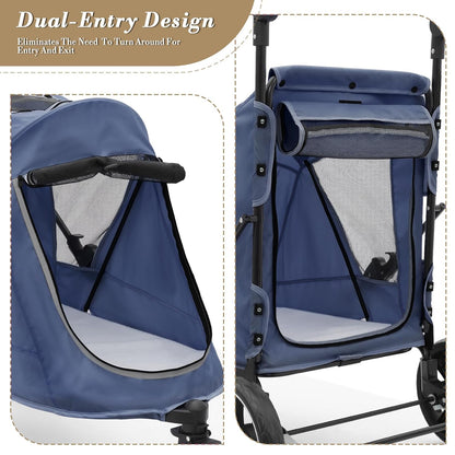 Athena Collection 3 Wheels Pet Stroller Fabric Dog Cart Dog Stroller for Large Dogs 55 Lbs Pet Stroller with Mesh Windows, Zipper Back Pocket, Safety Tether, Angle Adjustable Handlebar, Navy Blue