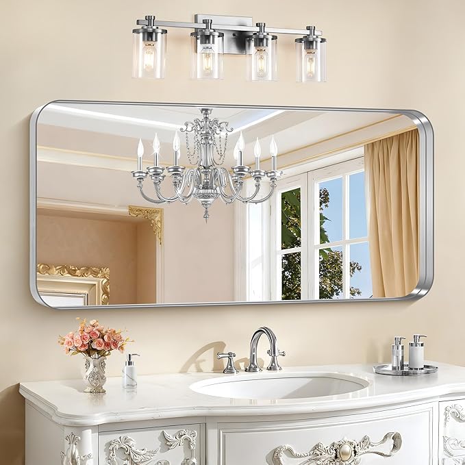 CIRCUMI Silver Bathroom Mirror, Rounded Corner, Tempered Glass, Large Mirror