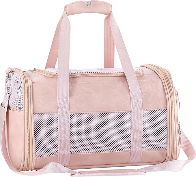 Fashion Leather Dog Carrier, Airline Approved Cat Carrier Soft Sided Pet Bag Carrier Purse for Puppy Kitten Small Animals Pink