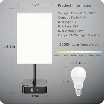Table Lamp Dimmable cozoo USB Bedside Table Desk Lamp with 2 USB Charging Port(A+C) 2 Outlet,Nightstand Lamp with Charger Base White Fabric Shade,LED Touch Lamp for Bedroom/LivingRoom/Dorm/Home Office