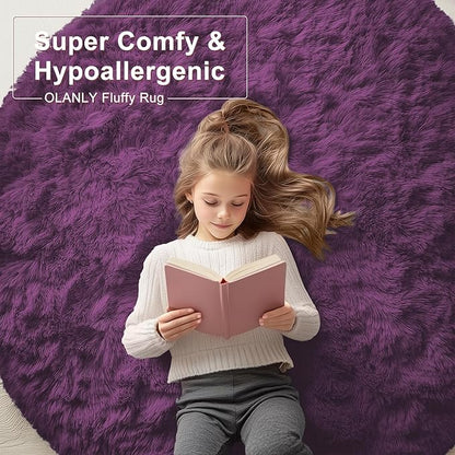 OLANLY Dark Purple Round Rugs for Bedroom - Machine Washable, 8 ft Circle Area Rugs for Living Room, Soft and Fluffy Shaggy Carpet for Teen Girl and Boys, Nursery Rooms, Dorms, Home Decor Aesthetic