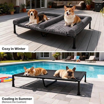 Veehoo Plush Double Dog Couch Bed for 2 Dogs, Washable Elevated Dog Bed | Cooling Raised Pet Cot with Removable Bolster Cushion, Breathable Mesh, No-Slip Feet, 53 x 37 inches, Grey