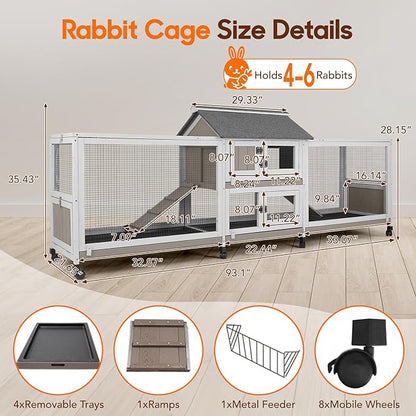 93" L Large Bunny Hutch Outdoor Indoor, with 2 Chew-Resistant Ramp, 4 Leak-Proof Removale Trays, 2-Story Wooden Waterproof Roof Bunny House Outdoor