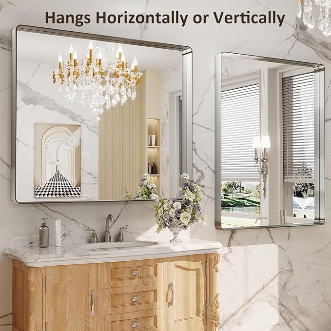 LOAAO 48x40 Inch Brushed Nickel Bathroom Mirror, Rounded Rectangle Silver Metal