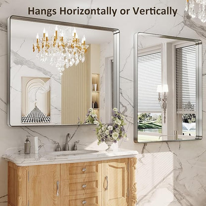LOAAO 48x40 Inch Brushed Nickel Bathroom Mirror, Rounded Rectangle Silver Metal