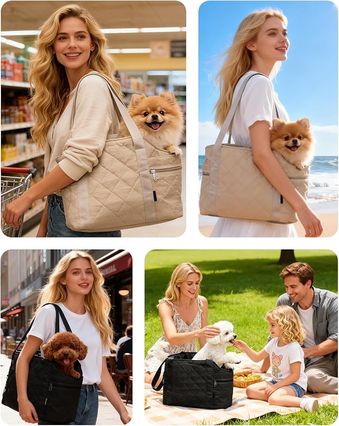 Lightweight Dog Purse Carrier for Small Dogs up to 15 lbs, Dog Tote Bag Puppy Carrier, Soft Plush Interior, Safety Leash Clip, 4 Side Pockets Dog Carrier Bag for Travel & Walking, Black