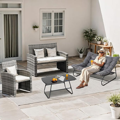 NOBLEMOOD 2 Pieces Patio Loveseat Set with Coffee Table, Outdoor Indoor Cushioned Love Seat, Metal Frame Oversized 2 Seater Chair for Porch, Garden, Living Room, Balcony