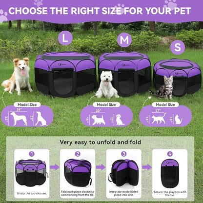 Siedihit Dog Playpen, Puppy Pet Playpen, Dog Crate Tent Cage Indoor | Outdoor, Portable Pop Up Dogs Kennel Playpen with Carrying Case for Dogs/Cats/Rabbits, Purple, Medium