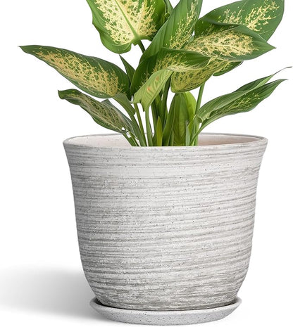 Ceramic Pots for Plants - 5.6 Inch Plant Pot with Drainage Hole and Tray, Round Succulents Pots for Indoor Outdoor, Decorative Planters, Home Room Office Decor, Gifts for Plant Lovers, Grey