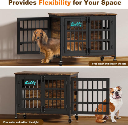 EasyCom 33"/27" Dog Crate Furniture with Name Tag, Heavy Duty Dog Kennel Indoor for Medium and Small Dogs, Double-Doors Sturdy Metal Dog Cage, Decorate House as TV Stand, End Table, Bedside Table