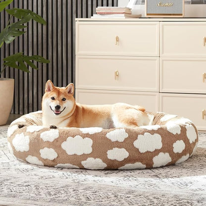 JOEJOY Jacquard Donut Round Dog Beds Large Sized Dog, Brown 36x36x8in, Removable Washable Cover, Cute Pattern, Ultra Soft Fluffy Calming Pet Bed with Thick Supportive Bolster