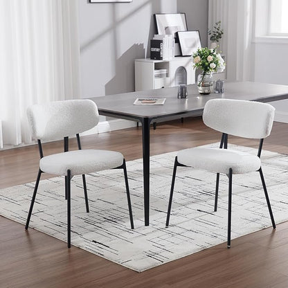 KCC Boucle Dining Chairs Set of 4, Modern Mid-Century Upholstered Stylish Kitchen Chairs Sherpa Accent Diner Chairs with Metal Legs and Curved Back for Kitchen, Dining Room(White)