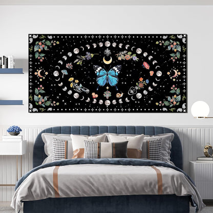 Large Canvas Wall Art Blue Boho Wall art Decor Canvas Art Wall Decor Wall Pictures for Living Room Vintage Butterfly Wall Art Moon Flower Prints Large Artwork for Walls Home Room Decor 29" X 58"