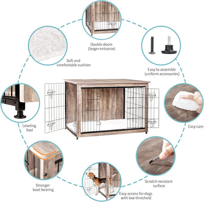 DWANTON Dog Crate Furniture with Cushion, Wooden Kennel Table with Double Doors, Indoor Dog House, Extra Large Size, 43.3" L, Greige