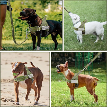 SlowTon No Pull Dog Harness with Front Clip - Heavy Duty, Soft Padded | Neck & Chest Adjustable, Tactical Pet Vest and Leash Set for Large Medium Sized Dogs, for Easy Walk & Training, Green L