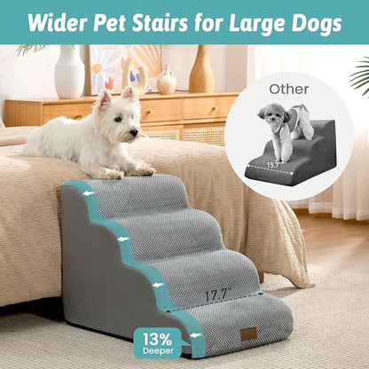 Dog Stairs for Small Dog 19.7" H, Pet Step for Puppy, Older Cat, Curved Ramp for High Bed or Car, Stairs with High Density Foam, Lightweight, Durable, 4 Step, 17.7x28x19.7 inch, Grey