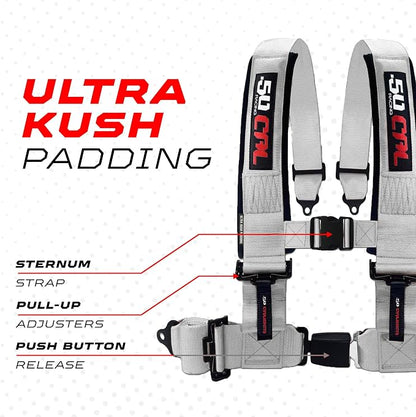1pc 50 Cal Silver 4 Point Harness 3in Straps, Racing Harness Seat Belt | Ultra Kush padding, Push Button quick release hardware. Universal Fit for UTV, RZR, race car.