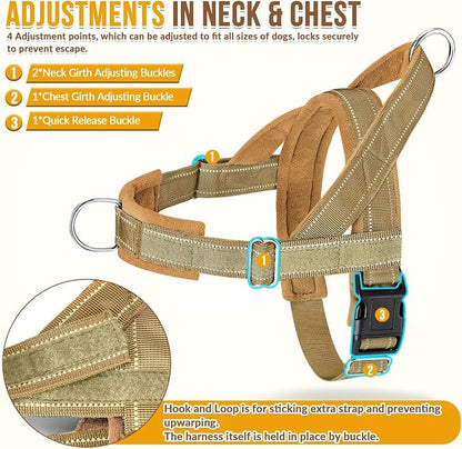 SlowTon No Pull Dog Harness with Front Clip - Heavy Duty, Soft Padded | Neck & Chest Adjustable, Tactical Pet Vest and Leash Set for Large Medium Sized Dogs, for Easy Walk & Training, Tan L