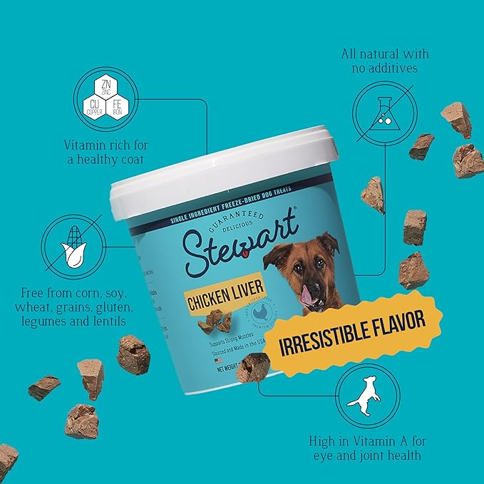 Stewart Chicken Liver Dog Treats, 11.5 oz, ~215 Pieces, Freeze Dried Raw, Single Ingredient, 60% Protein Training Treats or Meal Topper in a Resealable Tub, Grain Free, Gluten Free
