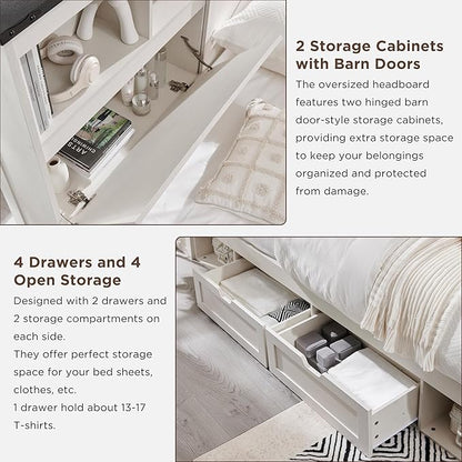 ACCOHOHO Farmhouse King Size Bed Frame with 52" High Storage Bookcase Headboard and 4 Drawers,Wooden Bed Frame with LED Light and Charging Station,White