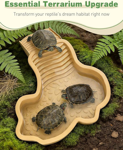 Pawfly Reptile Bathing Pool with Removable Ramp, Reptile Food Dish Feeding Dish, Tortoise Water Dish Water Bowl with Steps, Turtle Bathing Pool Bath Tub Soaking Dish for Gecko Snake Lizard Frog