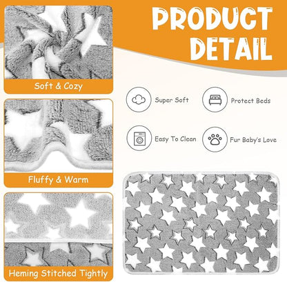Tatuo 4 Pack Fleece Dog Blankets for Puppy Cats Multi-Size Sleep Mat for Pet Guinea Pig Soft Washable Warm Crate Bed Puppy Teething Toys Print Pattern Blanket Indoor(White,Grey,24 x 16 Inch,Star)
