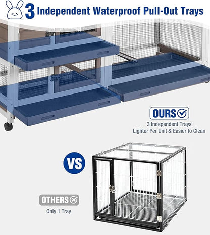 Large Rabbit Hutch Indoor, Bunny Cage Outdoor with Chew-Proof Ramp, 2-Story Guinea Pig Cages with 6 Wheels, 3 Pull-Out Trays, Waterproof Asphalt Roof, 62" L - Brown