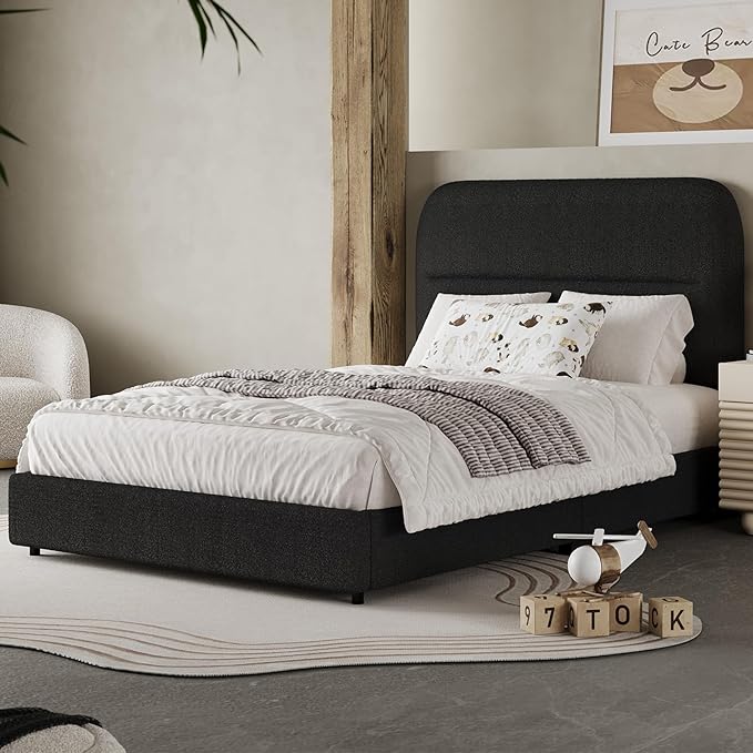 HOMBCK Twin Bed Frames with Headboard, Twin Size Boucle Upholstered Bed Frame for Kids, Soft Rounded Corners, Wooden Slats Support, No Box Spring Required, Easy Assembly, Black