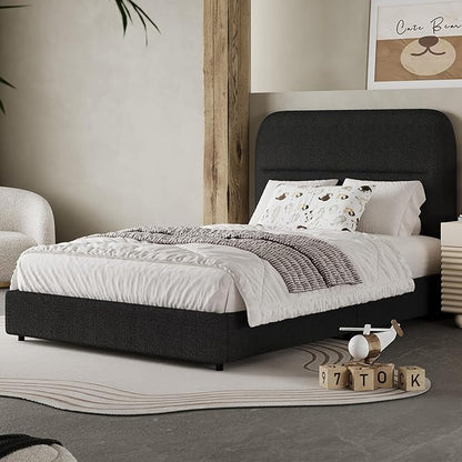 HOMBCK Twin Bed Frames with Headboard, Twin Size Boucle Upholstered Bed Frame for Kids, Soft Rounded Corners, Wooden Slats Support, No Box Spring Required, Easy Assembly, Black