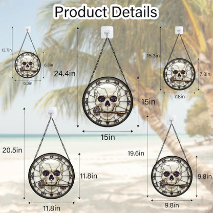 Stained Glass Window Hanging - Halloween Scary Skull Suncatcher for Doors Garden Home Spooky Purple Skeleton Key Sun Catchers Gothic Decor Horror Gifts for Women Men Friend Boy Girl 9.8 in