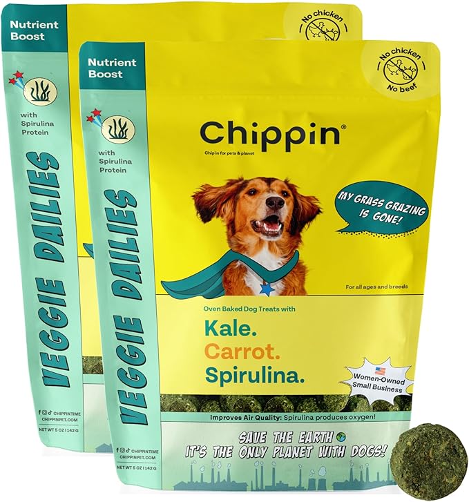 Chippin Healthy Dog Treats with Kale, Carrots, & Spirulina, Crunchy Vegan Biscuit, All-Natural, Hypoallergenic Gift for Dog Lovers, Gentle on Sensitive Stomachs, Gut Healthy Meal Topper, 2-Pack