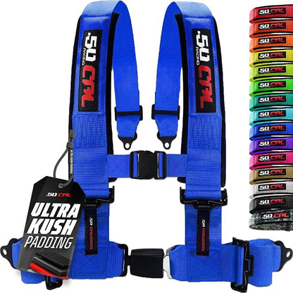 1pc 50 Cal Blue 4 Point Harness 3in Straps, Racing Harness Seat Belt | Ultra Kush padding, Push Button quick release hardware. Universal Fit for UTV, RZR, race car.
