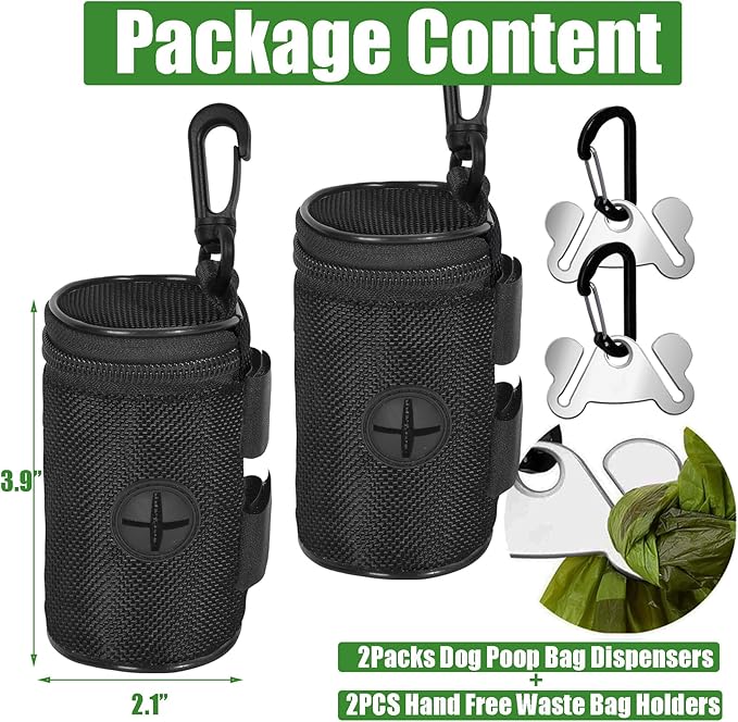 2 Pack Dog Poop Bag Holder for Leash Attachment - Waste Bag Dispenser for Leash - Fits Any Dog Leash - Portable Set with Hand Free Holder Metal Carrier, Black Round Shape