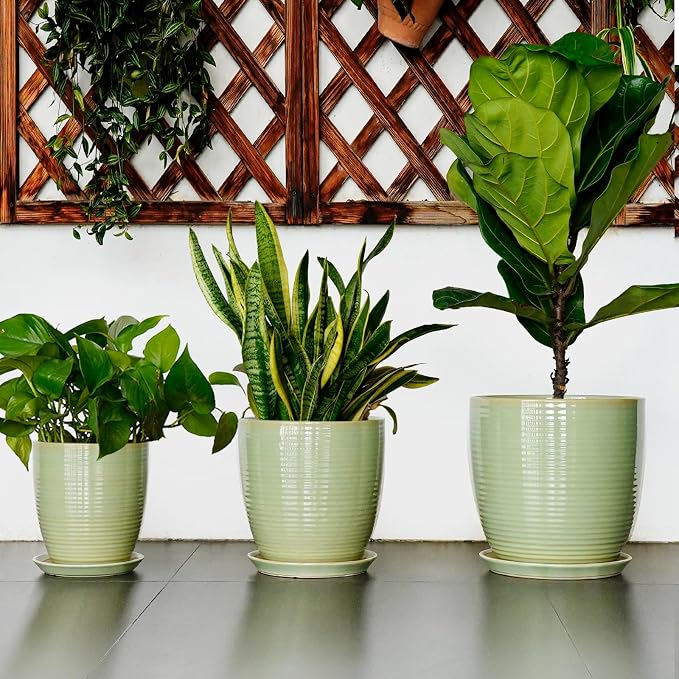 Ceramic Planter - 10 Inch Plant Pot for Indoor Outdoor with Drainage Hole and Plant Tray, Modern Round Home Office Patio Room Decor, House Warming Gifts, Green