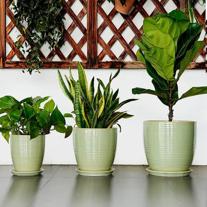 12 Inch Pots for Plants - Round Ceramic Planter with Drainage Hole and Plant Saucer for Flower Indoor Outdoor, Modern Room Office Home Garden Decor, House Warming Gifts, Green