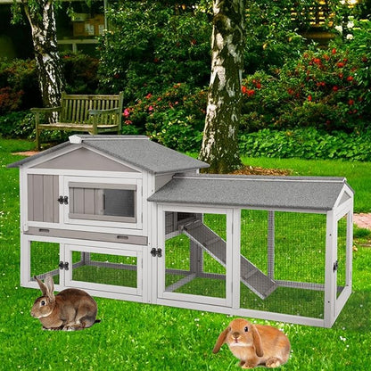 PetsCosset 57" L Rabbit Hutch Indoor and Outdoor 2-Story Rabbit Cage with Pull Out Tray,Fir Wood Guinea Pig Cages with Wooden Ramp,Waterproof Bunny Cage Indoor Bunny Hutch with Waterproof Roof,Grey