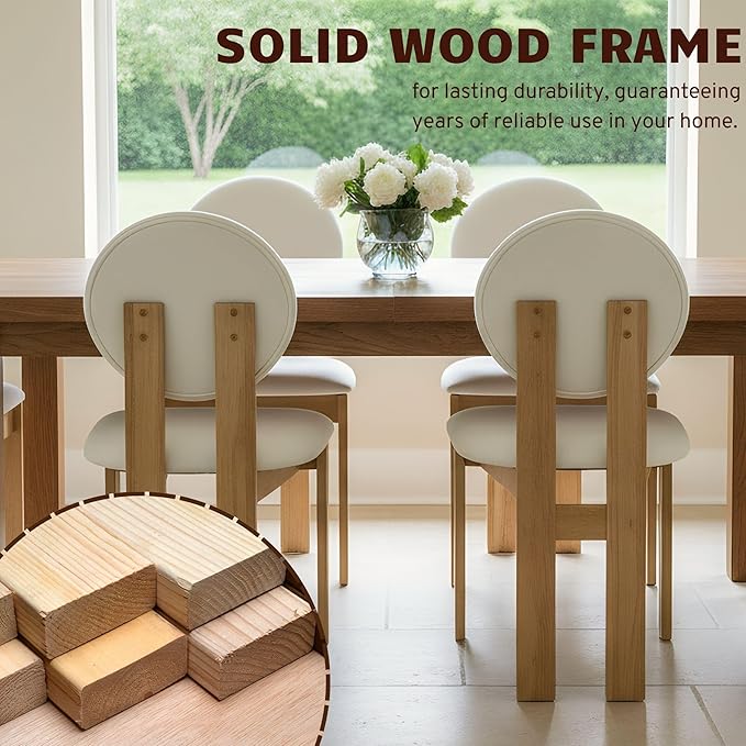 Wahson Modern Wood Dining Chairs Set of 6, Farmhouse Beige Linen Kitchen Chairs with Round Back and Wooden Legs, Mid-Century Armless Upholstered Accent Chairs for Dining Room/Living Room/Restaurant