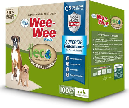 Four Paws Wee-Wee Superior Performance Eco Bamboo Dog Pee Pads, 100 Count | Earth friendly, bleach-free, dye-free, dog & puppy potty training pads, leak-proof, 24-hour protection pee pads, 22" x 23"