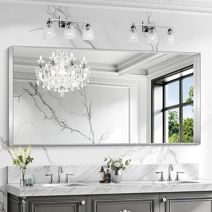 CIRCUMI Silver Bathroom Mirror, Brushed Finish, Tempered Glass, Large Mirror