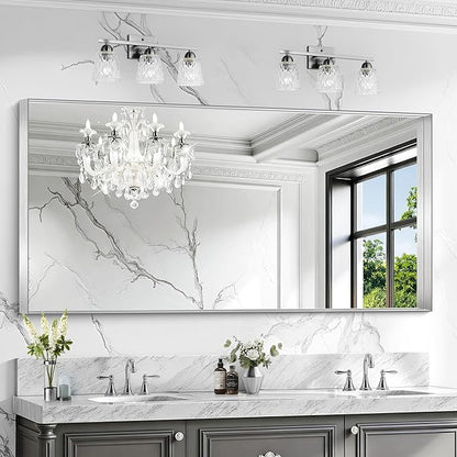 CIRCUMI Silver Bathroom Mirror, Brushed Finish, Tempered Glass, Large Mirror