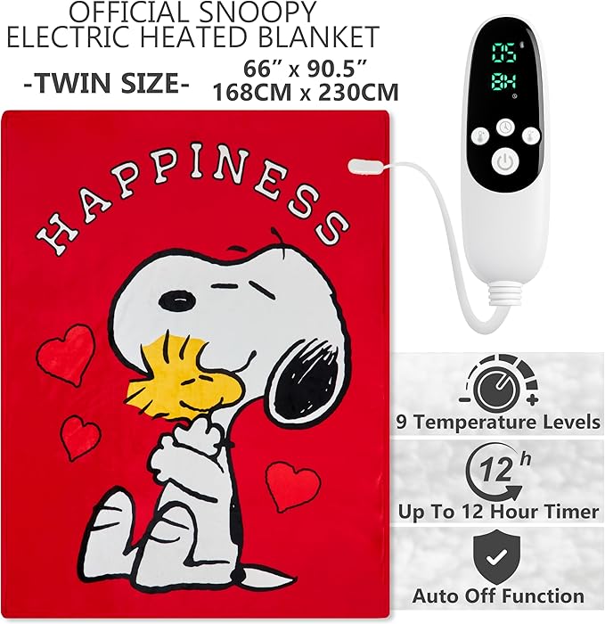 Peanuts Snoopy Heated Blanket Electric, Twin Size Luxurious Fleece Blanket