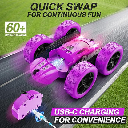 RC Cars, Purple Remote Control Car for Girls, 2.4 GHZ Double Sided RC Stunt Car 360° Rotating Remote Control Crawler with Headlights Car Toys for 6 7 8 9 10 11 12 Girls Birthday Gift